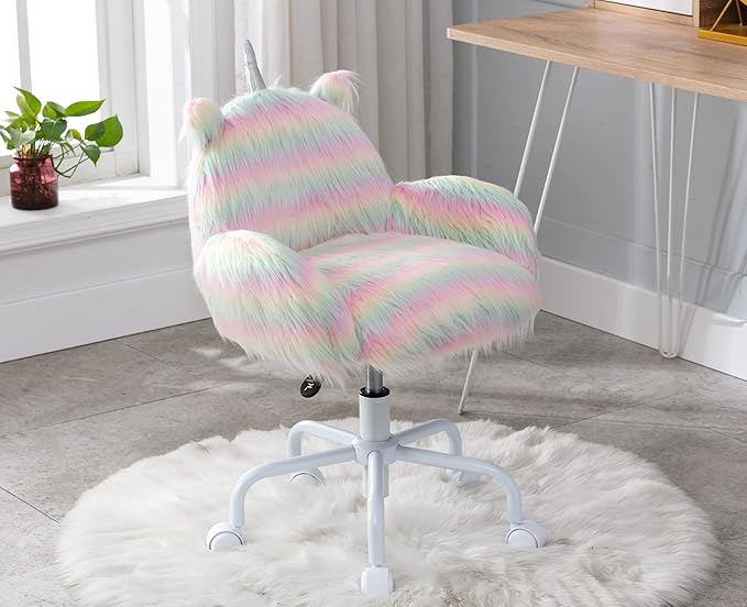Cute Unicorn Kids Desk Chair with Arms, Swivel Rolling Ergonomic Computer Chair for Girls' Reading and Study, Rainbow Faux Fur Vanity Desk Chair