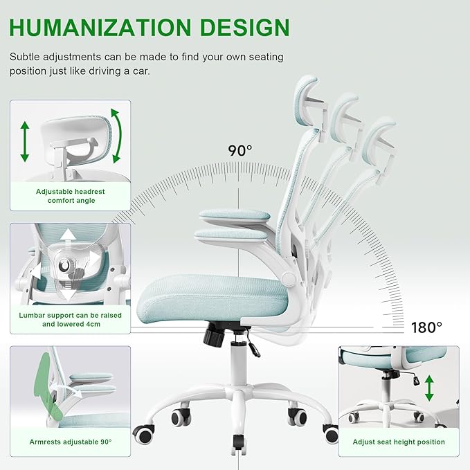 Multi-Adjustable Ergonomic Office Chair, Study Chair, Summer Mesh Comfortable High Back Chair, Headrest, Lumbar Support, Armrest, Seat Height.(White-Blue)