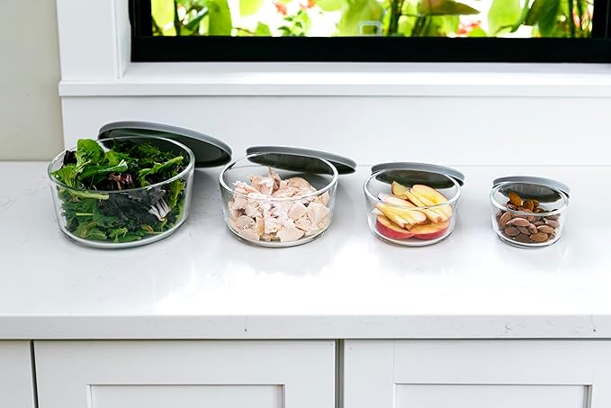16-Piece Glass Food Storage Containers Set (8 Containers + 8 Lids) | Round, Nesting, Microwave & Dishwasher Safe | BPA-Free, Space-Saving | Grey Lids for Pantry & Kitchen Organization