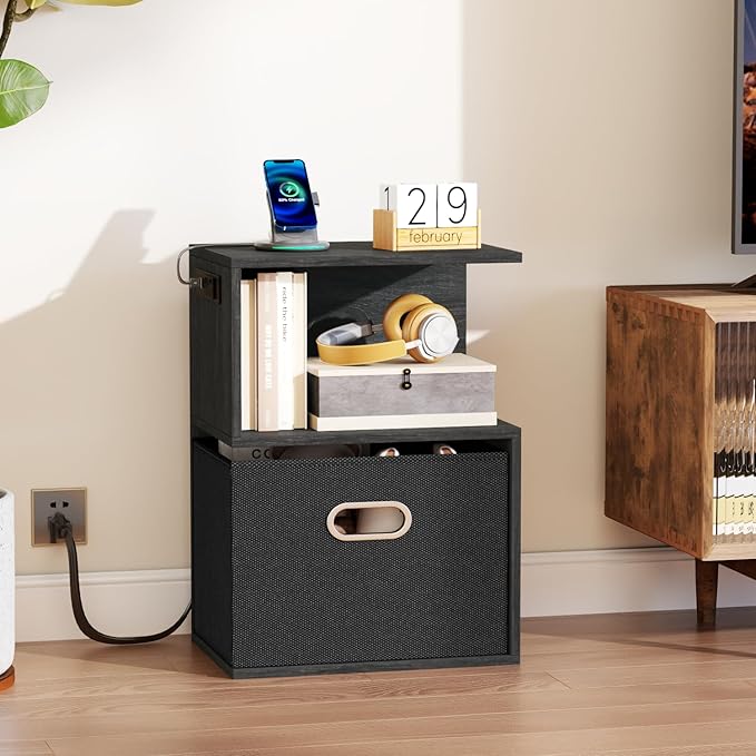 Furologee S Nightstand with Charging Station, 3 Tier Open End Table with Drawer, Wood Bedside Table with Storage for Living Room/Bedroom/Small Space, Black Oak
