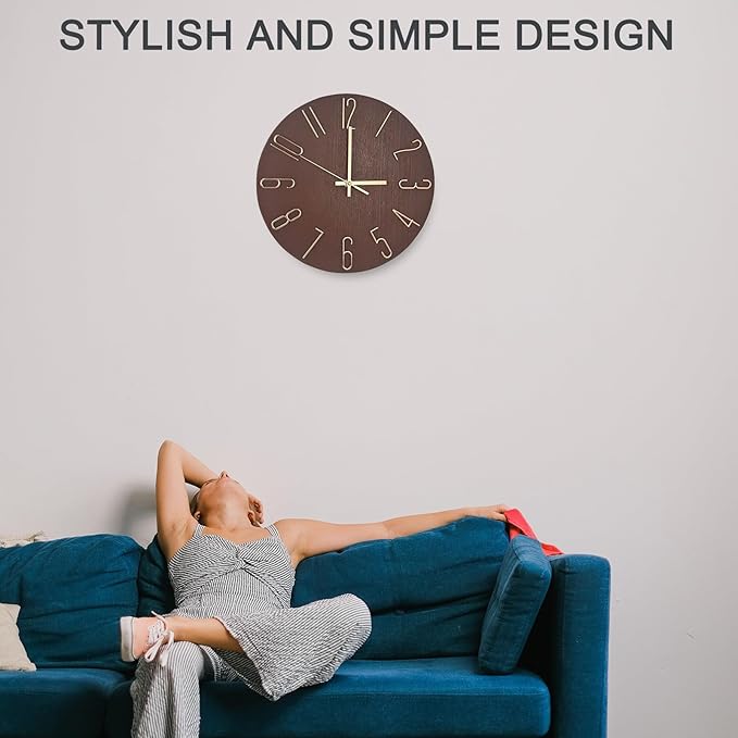 Faupugh 12 inch Silent Wall Clock, Battery Powered Wall Clock Suitable for Home, Office, Kitchen, School, Bedroom, Living Room (Retro Brown)