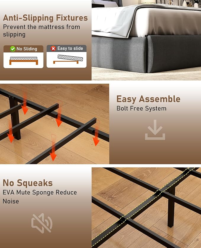 SADENICEL Queen Bed Frame with Storage Headboard and 4 Drawer, Metal Platform Bed Frame Queen Size with LED Light, Charging Station, No Box Spring Needed, Noise Free, Easy Assembly, Grey