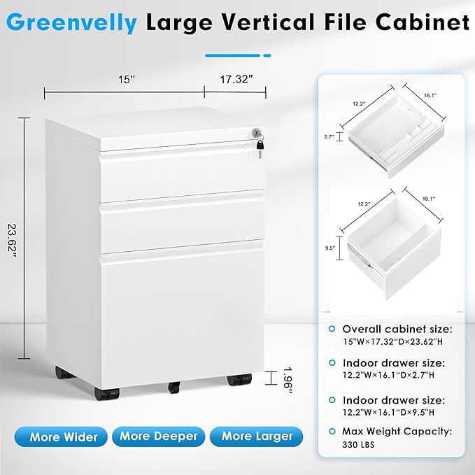 Greenvelly 3 Drawer Mobile File Cabinet with Lock, Fully Assembled Rolling File Cabinet Except Casters, Under Desk File Cabinet with Wheels for Home Office Fit Legal/Letter/A4 File (Assembled, White)