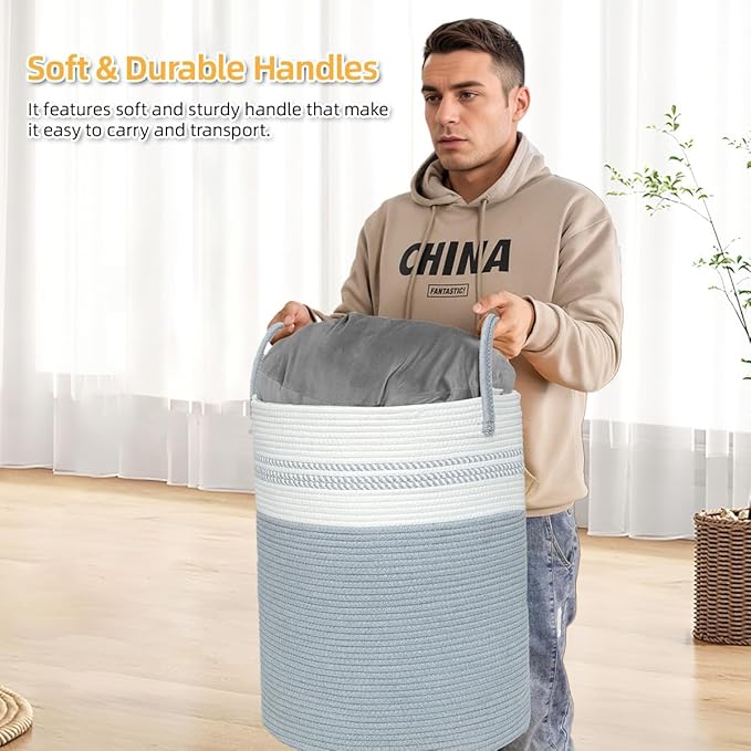 58L Tall Laundry Basket, Cotton Rope Laundry Hamper, Laundry Hamper with Handles, Decorative Woven Basket for Dirty Clothes, Blankets, Pillows in Bathroom, Bedroom (Gray, 15 x 20in)