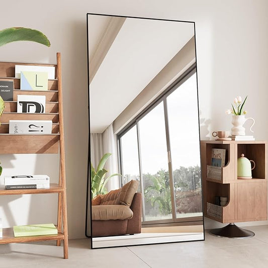 FANYUSHOW Full Length Mirror with Stand 65"x23.6",Floor Standing Aluminum Frame for Living Room,Tempered Glass Floor Mirror,Simple Home Decor,Wall Decor for Bedroom & Bathroom,Full Body Mirror,Black