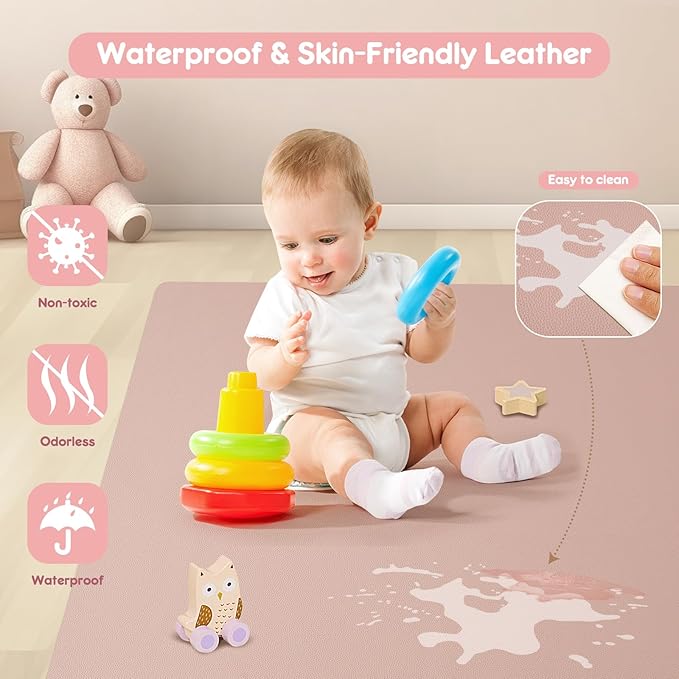 Padded Baby Play Mat, Super Soft Vegan Leather Floor Mat for Baby Girls and Boys, 48x48 Non-Slip Thick Foam Cushioned Play Mat for Babies 6-12 Months, Fits Nicely Into 50x50 Playpen Mat, Pink