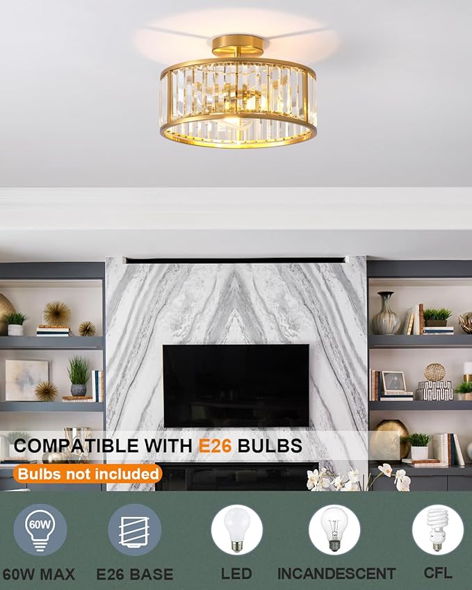 black flush Mount ceiling light, 3- lights caged crystal chandelier, small drum hallway light fixtures ceiling Mount, 14 INCH Brass Gold (3-Lights)