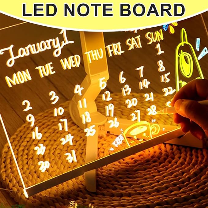 LED Note Board with Colors, Light Up Acrylic Message Board, Lighted Acrylic Dry Erase Board, Illuminated Acrylic Note Board with Colors Notepad with Adjustable Stand and 7 Pens(7.9" × 11.8")