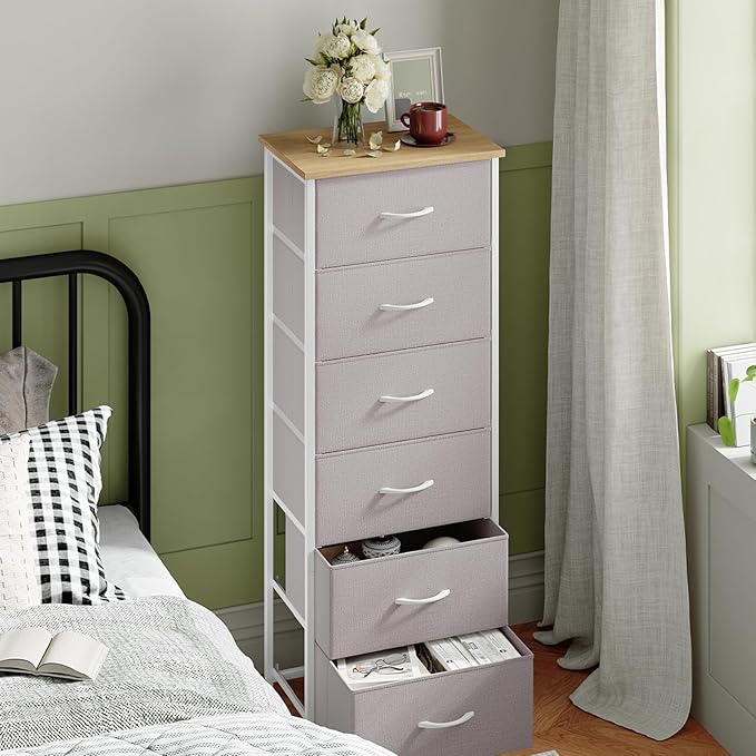 Somdot Tall Dresser for Bedroom with 6 Drawers and Side Pockets, Storage Organizer Chest of Drawers with Fabric Bins for Closet Bedside Nursery Living Room Entryway Hallway, Ash Grey
