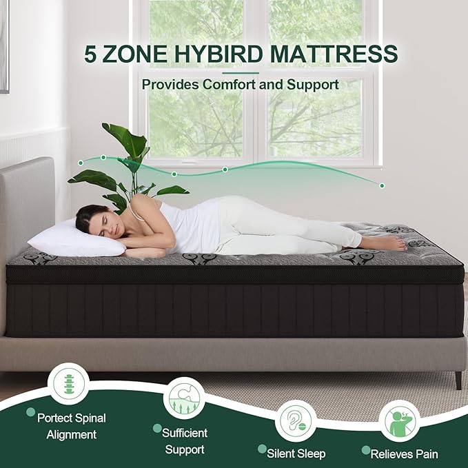 Twin Mattress, 14 Inch Hybrid Mattresses Bed in a Box with Gel Memory Foam & Pocket Spring, Euro Top, Medium Firm for Back Support & Pressure Relief, Motion Isolation, Grey