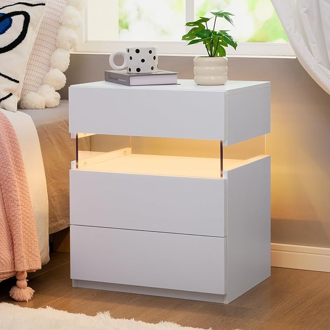Bingoday LED Nightstands 3 Drawer Nightstand for Bedroom Bedside Tables with Acrylic Board LED End Table for Bedroom Living Room Bedside Furniture (White)