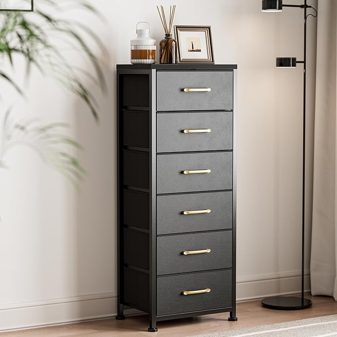 Tall Dresser with 6 Drawers, Chest of Drawers with Fabric Bins, Storage Organizer Tower with Wood Top & Steel Frame for Bedroom, Living Room and Entryway - Black