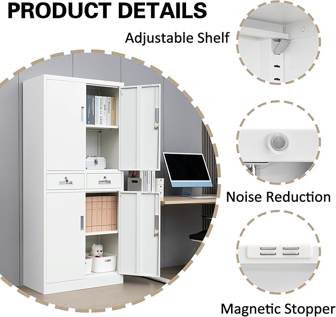 Metal Storage Cabinet, 71" H x 31.5" W x 15.8" D, Black, 4 Shelves, 2 Locking Drawers, Modern Style, Wall-Mounted, Home Office