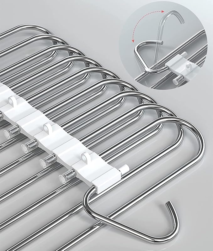 Upgrade 9 Layers Pants Hangers Space Saving, Non Slip Stainless Steel Multifunctional Pants Rack S-Type Clothes Pant Closet Hanger Organizer for Pants Jeans Trousers Scarf Skirts(4 Pack, Antiquewhite)