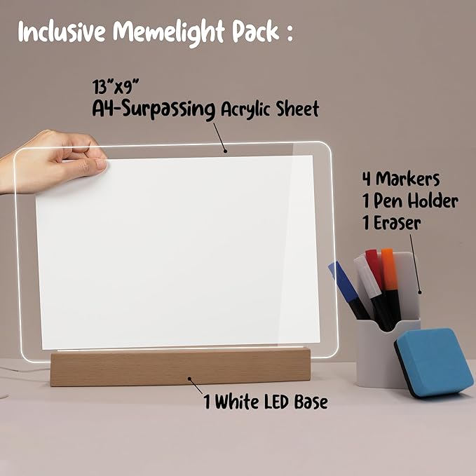 Dry Erase Board with Light, 13x9, USB-Powered Light Up Whiteboard, Includes 4 Quick-Dry Markers & Eraser, to-Do List, Planner, Message Board, Party Sign