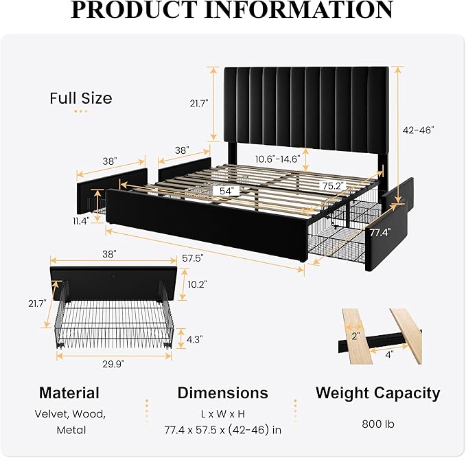 SHA CERLIN Full Size Platform Bed Frame with 4 Storage Drawers, Vertical Channel Tufted Adjustable Headboard, Velvet Upholstered, Wooden Slats Support, No Box Spring Needed, Easy Assembly, Black