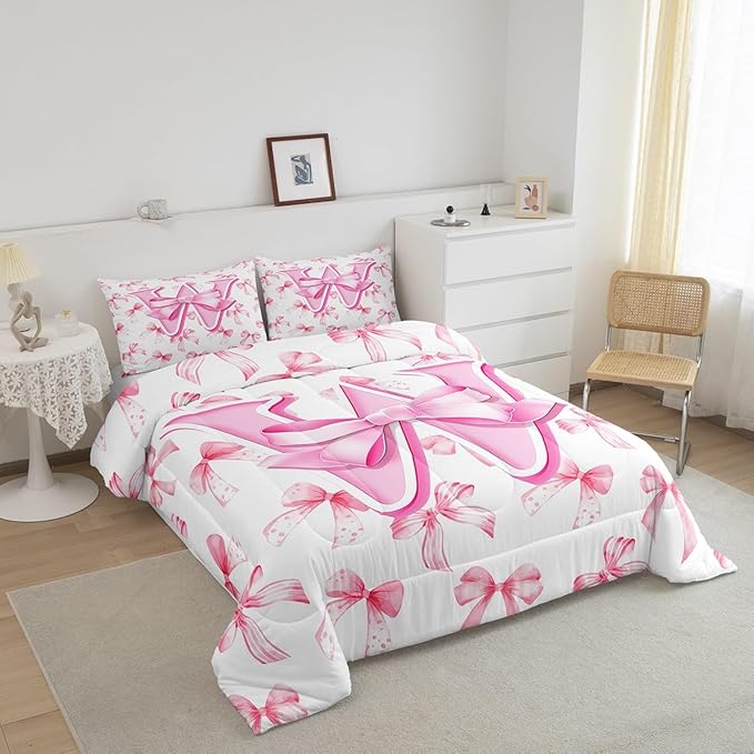 jejeloiu Kids Girls Cute Pink Bow Comforter Set Toddler Size Monogrammed Bedding Set Ultra Soft Personalized Initial W Duvet Quilt Coquette Bow Knot Quilt Set Room Decor Modern Fashion Comforter