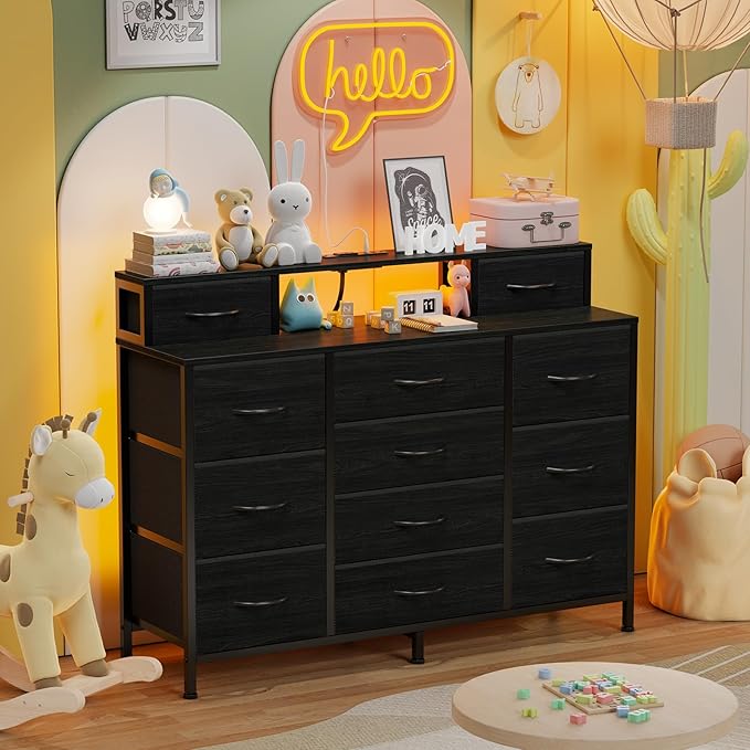 Furnulem Black Dresser for Bedroom with LED Lights & Charging Station,47"W Dressers in Closet,Long Chest with 12 Storage Drawers,TV Stand Fabric Furniture for Hallway,2-Tier Shelf Wood Top,Metal Frame