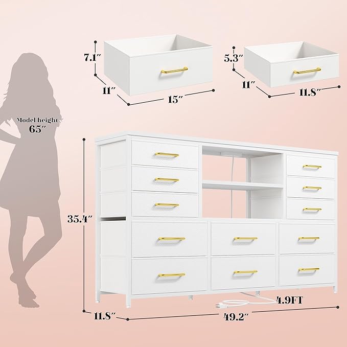 EnHomee White Dresser for Bedroom with 12 Drawers, Fabric Bedroom Dresser with LED Lights & Power Outlets Long Dressers & Chest of Drawers, Sturdy Metal Frame for Closet, Living Room, Hallway