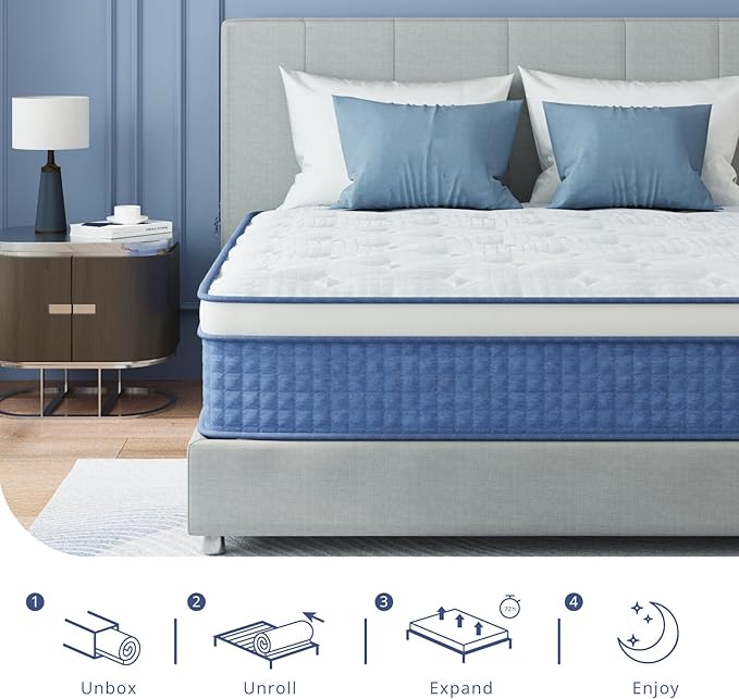 Queen Mattress 14 Inch Hybrid Mattress in a Box, Medium Firmness, Foam and Individual Pocket Springs for Motion Isolation & Pressure Relief, CertiPUR-US Certified, 60" x 80"