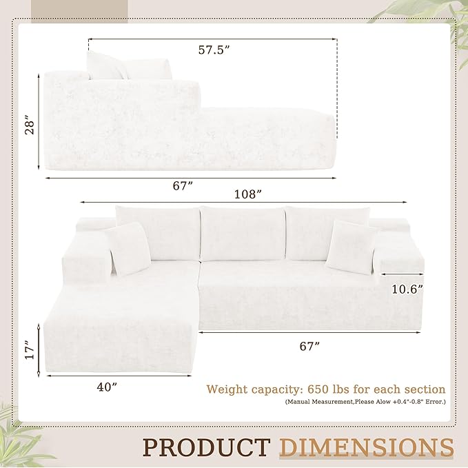 YESHOMY Sectional Couch, 108" Boneless Couches for Living Room, Modular Sectional Sofa with Deep Seat, Cloud Comfy Couch with L-Shape Chaise, No Assembly Required (Chenille, Pearl Cream)