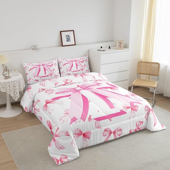jejeloiu Kids Girls Cute Pink Bow Comforter Set Full Size Monogrammed Bedding Set Ultra Soft Personalized Initial T Duvet Quilt Coquette Bow Knot Quilt Set Room Decor Modern Fashion Comforter