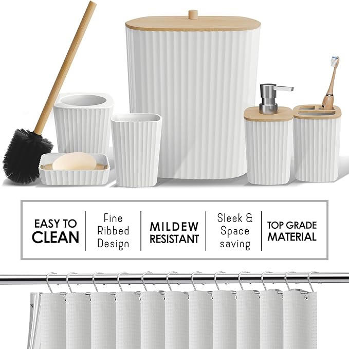 Shower Caddy and Bathroom Accessories Set 25PC Bathroom Accessory Set with Shower Shelf Caddy for Bathroom Storage, White Shower Curtain Set, Toilet Brush, Trash Can, Soap Dispenser, Toothbrush holder