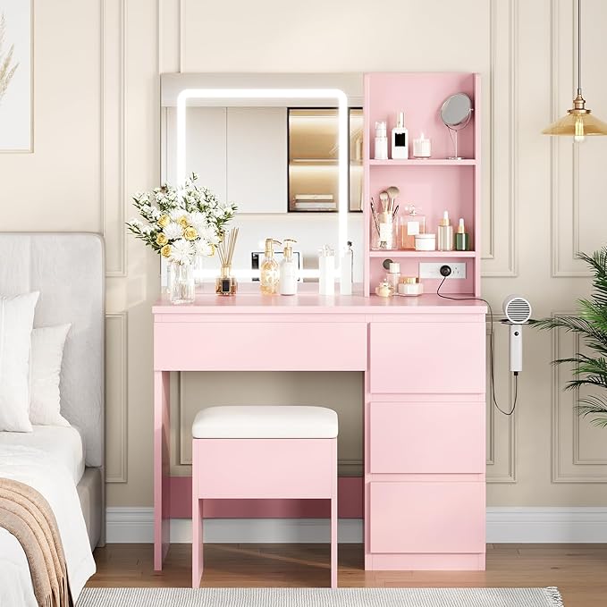 Vanity Desk with Mirror and LED Light, Vanity Desk with 4 Drawers, Power Outlet, Storage Stool, Storage Shelves & Hair Dryer Holder, Adjustable 3 Lighting Mode, Makeup Vanity Set for Bedroom, Pink