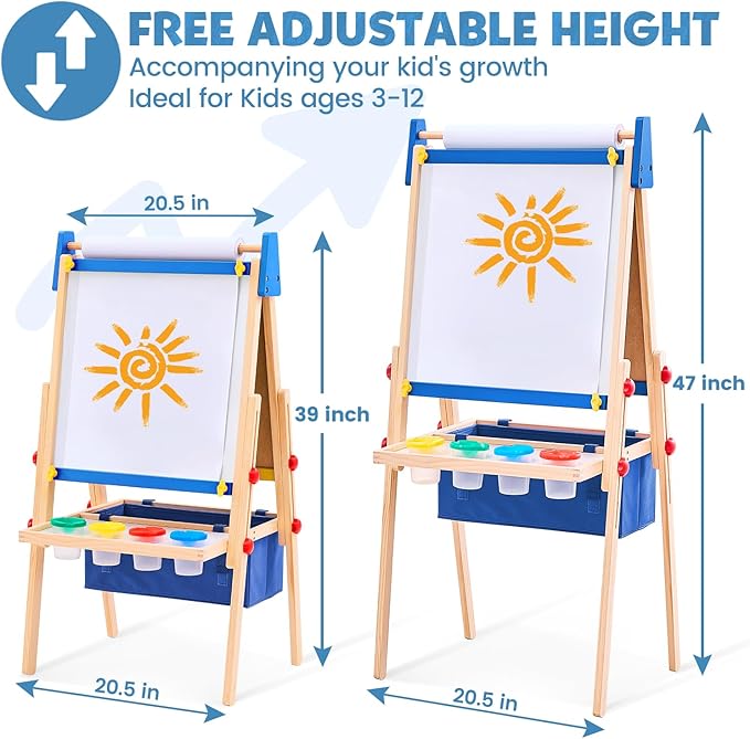 Art Easel for Toddlers Kids, Adjustable Standing Art Easel with Magnetic Chalkboard & Whiteboard, Dry-Erase Board, Paper Roll, Drawing & Painting Easel for Kids Ages 3 4-8 9-12, Blue w/Bag