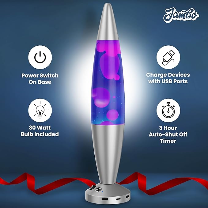 JAMBO Upgraded Motion Lamp – 16" Blue Liquid, Purple Wax – USB Ports, Timer – Night Light for Adults, Teens, Kids – Bedroom, Living Room, Office Décor Lamp