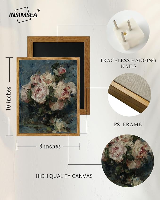 InSimSea Framed Wall Art for Living Room Roses in Vase Canvas Flower Art Home Valentine Decor Boho Wall Pictures Vintage Botanical Art Mid Century Floral Wall Decor Farmhouse Kitchen Bathroom 8x10in