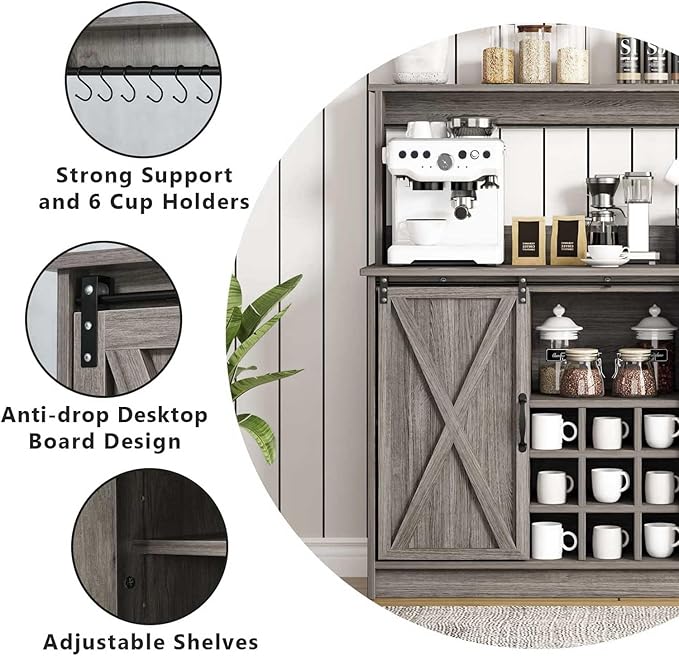 Farmhouse Coffee Bar Cabinet with 9 Wine Racks and 6 Hooks, 47 Inch Wine Bar with Storage, Buffet Cabinet Adjustable Shelves, Kitchen Buffet Cabinet for Dining Living Room, Grey Living Room, Grey