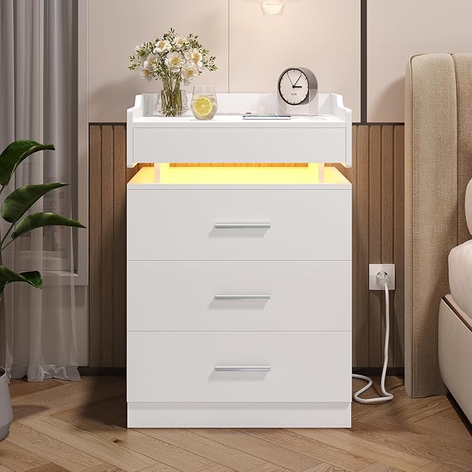 Large Nightstand with Charging Station and LED Lights, White Night Stand with 3 Drawers and 1 Pull-Out Tray, Modern Bedside Table with Outlets, End Table Side Table with Storage