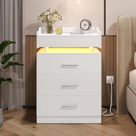 Large Nightstand with Charging Station and LED Lights, White Night Stand with 3 Drawers and 1 Pull-Out Tray, Modern Bedside Table with Outlets, End Table Side Table with Storage
