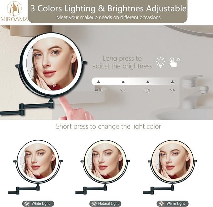 Rechargeable Wall Mounted Lighted Makeup Vanity Mirror 9 Inch Double Sided 1X 10X Magnifying Bathroom Mirror, 3 Color Lighting, Touch Screen Dimming, 360 Rotation Shaving Mirror Matte Black