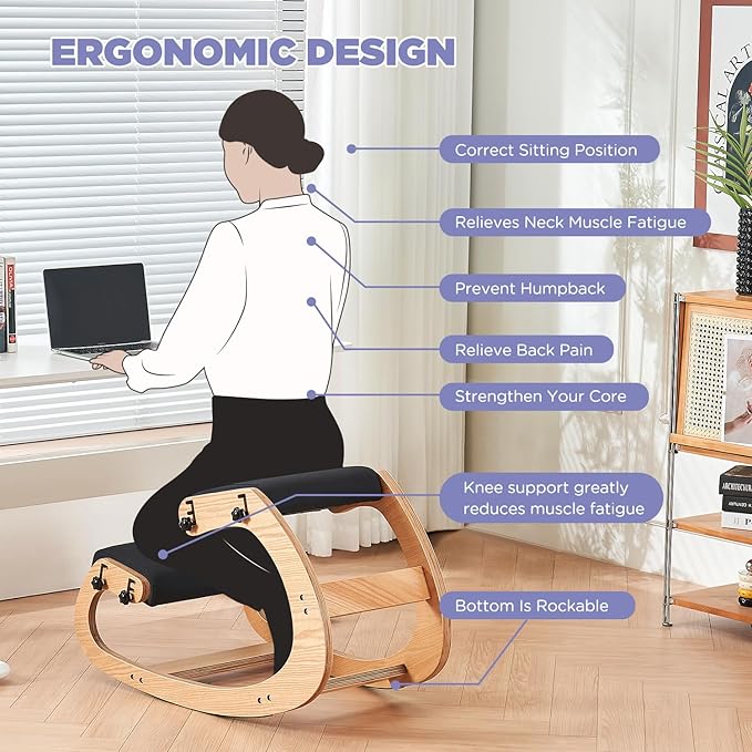 Ergonomic Kneeling Chair,Adjustable Rocking Knee Chair for Home Office,Wooden Office Chair for Back Pain Relief,Black