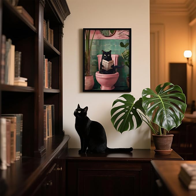 Framed Vintage Cat Canvas Wall Art, Funny Pink Animal Reading Books Painting Picture Print, Cute Kitten Lovers Aesthetic Wall Decor for Nursery Girls Room Bedroom Kids Room 16''L x 12''W