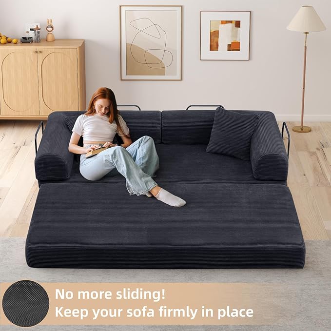 Rovibek 4-in-1 Convertible Sleeper Sofa Bed Queen Size, Foldable Floor Couch Corduroy, Folding Futon Sofa Beds with Pillow and Fixed-Shape Frame, Suitable for Living Room, Bedroom, Lounge, Black