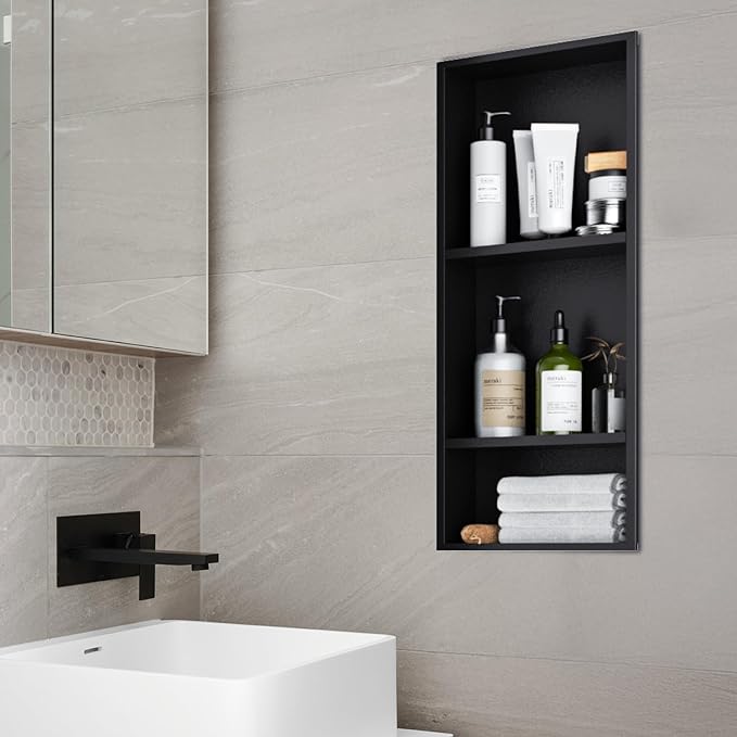 Stainless Steel Shower Niche 12" X 29"，3-Tier Recessed Wall Niche No Tile Needed Shower Shelf for Bathroom Storage (4x12x29 Black)