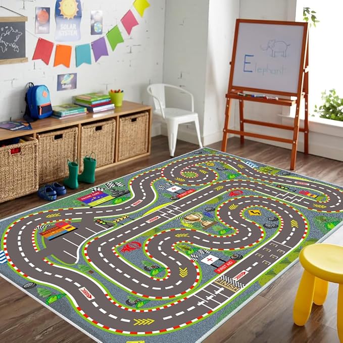 Kids Rug, Race Track Playmat Rugs 94×63 in Kids Carpet with Rubber Backing, Start and Finish line Racing Track Marking Car Road Race 3D Play Mat Nursery Rugs for Children Bedroom Playroom