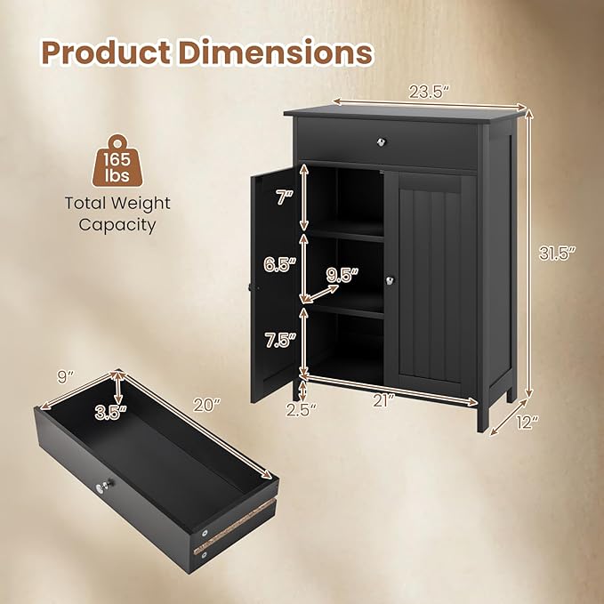 Giantex Storage Cabinet, Freestanding Bathroom Cabinet with 2 Doors, 1 Drawer, 3-Level Adjustable Shelf, Modern Wooden Storage Organizer for Laundry Room, Entryway, Living Room (Black)