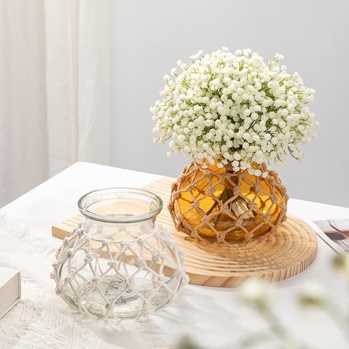 Hollyone Clear Glass Vase with Cotton Rope Cover Woven Round Glass Vase Decorative Flower Bottle Modern Vase for Table Centerpiece Farmhouse Wedding Home Decor