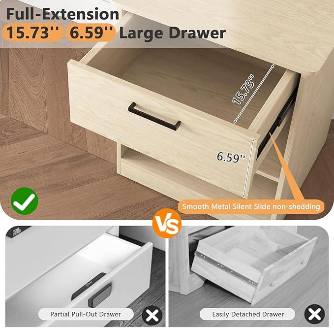 Night Stand with Charger Station, Modern Nightstand with USB Type-C Ports and AC Outlets, Large Bedside Table with Drawer and Open Storage, Wooden End Table for Bedroom (Natural, 1 Drawer)