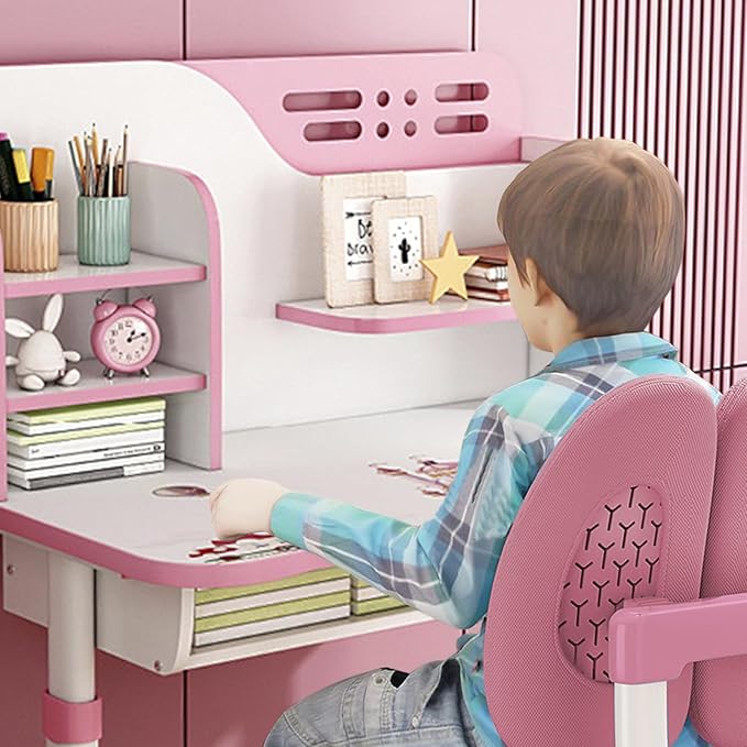 Easy Assembly | Premium Kids Desk and Chair Set, Height Adjustable Children School Study Writing Tables, Bedroom Kids Desk with Large Writing Board, Bookshelf for Girls