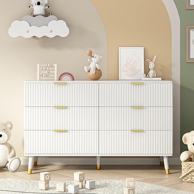 White Dresser for Bedroom, Fluted 6 Drawer Dresser with Gold Metal Handles, Modern Chest of Drawers for Living Room, Bedroom, White