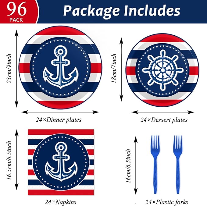 Wiooffen 96 Pcs Nautical Anchor Party Plates Napkins Tableware Set Anchor Theme Supplies Disposable Dinnerware Sailor Boat Ship Decoration Favors for Navy Baby Shower Birthday, 24 Guests