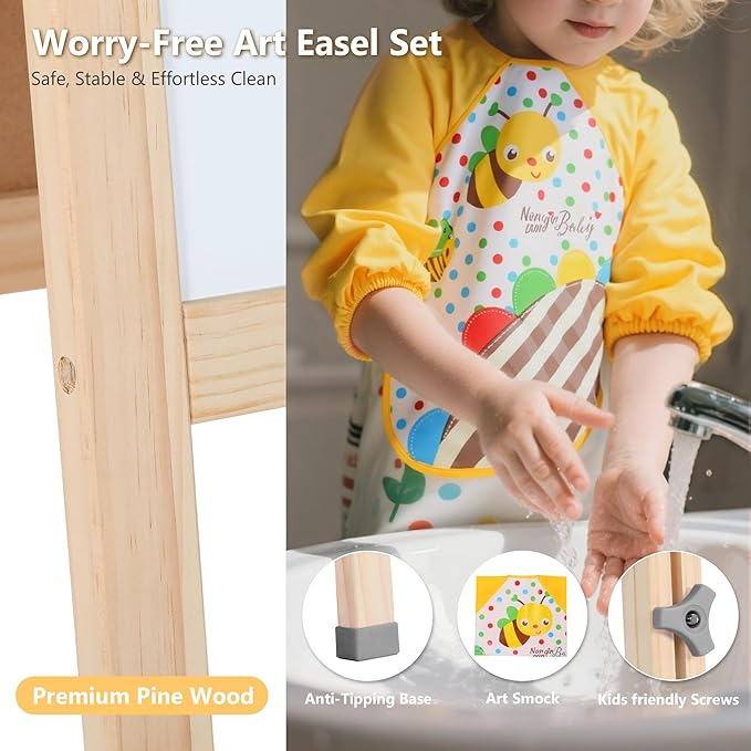 Kinder King Wooden Kids Easel, 3 in 1 Adjustable Art Easel for Kids, Double-Sided Magnetic Whiteboard & Chalkboard, Paper Roller, Art Supplies, Coloring Drawing Easel Toddler Gift Ages 3+, Grey