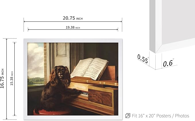 Poster Master Vintage Portrait of an Extraordinary Musical Dog Poster - Retro Dog Print - Puppy Art - Music Art - Piano Art - Animal Lover Art - Living Room or Office Decor, 16x20 White Framed