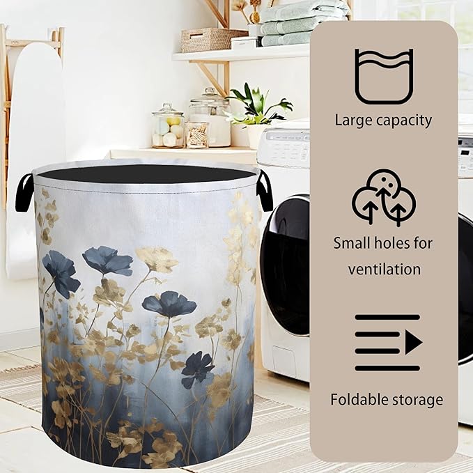 Blue Luxury Flowers Laundry Basket with Handles - Extra Large Foldable Hamper for Bathroom/Laundry/Bedroom/Dorm, Washable Fabric Storage Bin