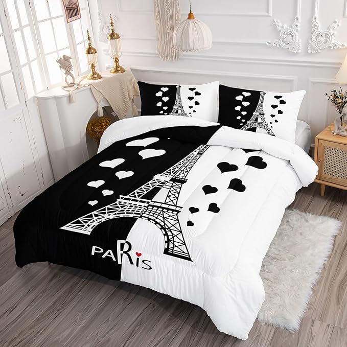 Kids Comforter Set Eiffel Tower Printed Pattern Bedding Set with 1 Comforter and 2 Pillowcases for Girls Boys Bedroom All Season(Tower1 Full)